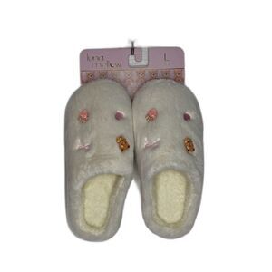 Luna Mellow Teddy Bear Embroidered Plush Slippers – Cream Fuzzy House Shoes Sz L